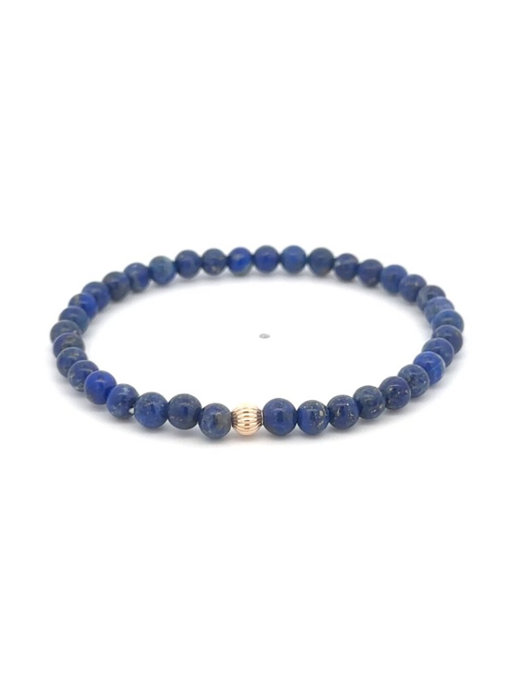 14K Gold Corrugated Accent Bead Natural Lapis Gemstone Stretch Bracelet